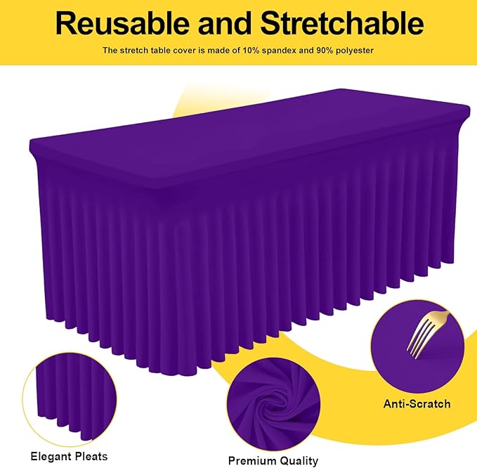 Smiry Spandex Tablecloth 2 Pack, Elastic Fitted Stretch Tablecloth for 6FT Rectangle Tables, Waterproof Washable Table Cover Skirt for Wedding, Banquet & Parties (Purple, 72Lx30Wx30H Inch)