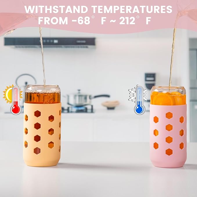 Mrsdry 20 oz Glass Cups With Lids and Straws, 4-Pack Iced Coffee Cup - Smoothie Cup With Silicone Lid and Sleeve for Coffee Bar Accessory, Cute Drinking Glasses Set Reusable Glass Tumbler for Gifts