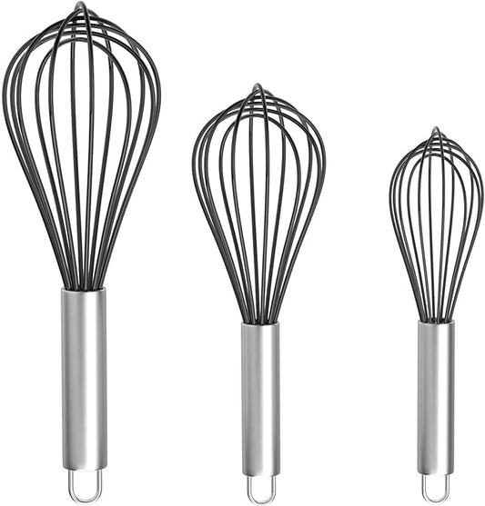 Silicone Whisk, Stainless Steel Wire Whisk Set - 3 PCS Rubber Whisks for Cooking, Non-stick Cookware, Kitchen, Balloon Egg Beater Perfect for Blending, Whisking, Black