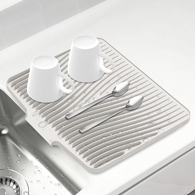 Silicone Dish Drying Mat for Kitchen Counter, Non-Slip Drain Pad, Dish Drying Pad, Easy to Clean Dish Rack Pad, Multi-Use as Heat Resistant Trivet, 15.8" x 13" , Cream
