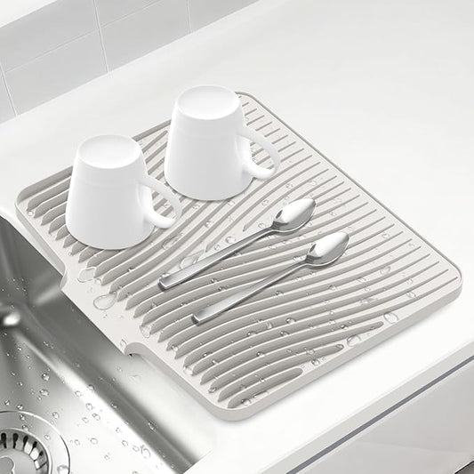Silicone Dish Drying Mat for Kitchen Counter, Non-Slip Drain Pad, Dish Drying Pad, Easy to Clean Dish Rack Pad, Multi-Use as Heat Resistant Trivet, 15.8" x 13" , Cream
