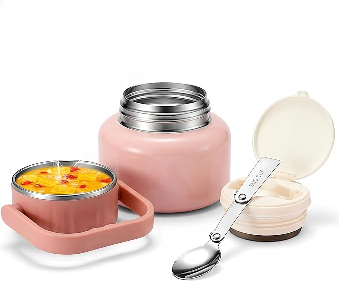 Soup Thermo for Hot Food, 16.9 oz Vacuum Insulated Food Jar with 316 Stainless Steel Interior, Spoon, Bowl Lid & Non-Slip Base for School Office