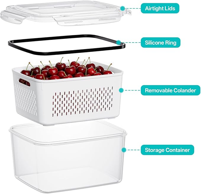 HOMETALL 8 Pack Fruit Storage Containers for Fridge with Strainer, BPA Free Fruit Cleaning Bowl Fridge Organizer, Plastic Fresh Keeper Set Refrigerator Organizer for Salad Berry Produce