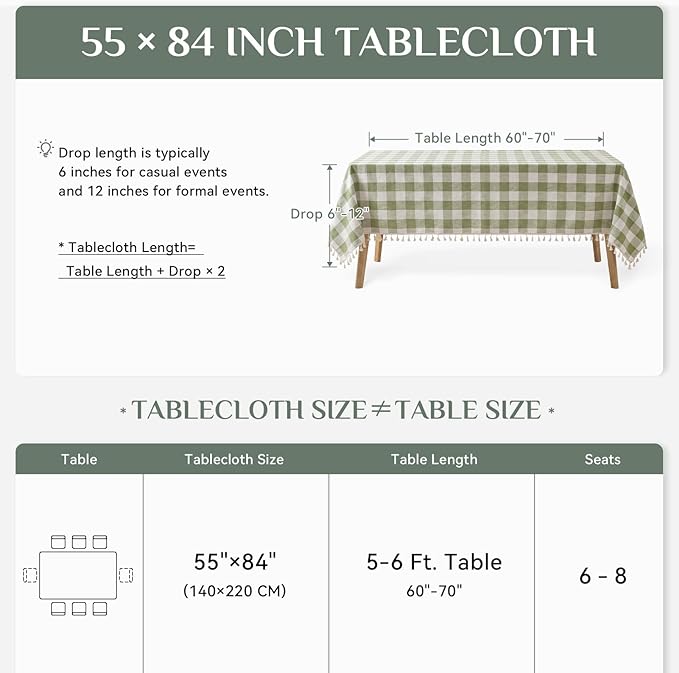Softalker Outdoor Checkered Tablecloth, Linen Cotton Gingham Table Cloths for 6 Foot Rectangle Tables with Tassel, Heavy Duty Wrinkle Free Plaid Table Cover for Picnic Camping - 55 x 84 Inch, Sage