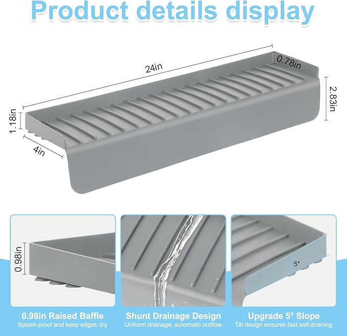 Silicone Sink Edge Protectors 4" x 24", Upgrade Kitchen Sink Splash Guards With Suction Cup, Splash Guard For Bathtub Sink, Countertop Protectors For Quartz Kitchen Sink（Gray）