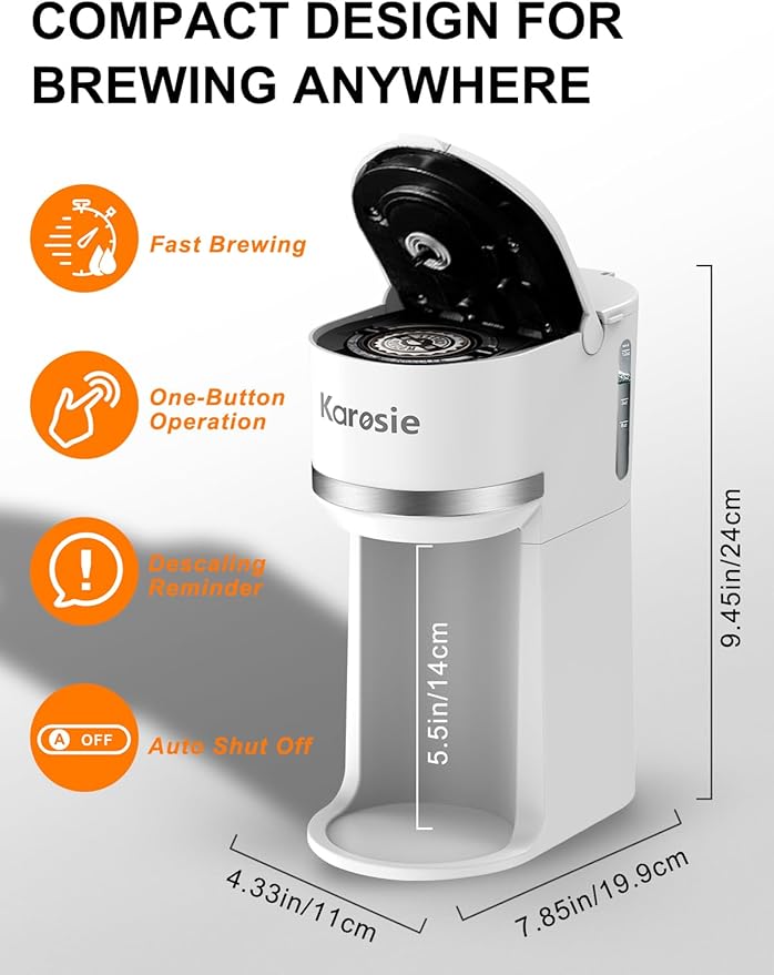 Single Serve Coffee Maker for K-Cup and Grounds, Fast Brew, 6-12 oz Brew Sizes Single Cup Coffee Maker Fits 5.5" Mugs, One-Button Small Coffee Maker, Descaling Reminder,White,9.45 Inches