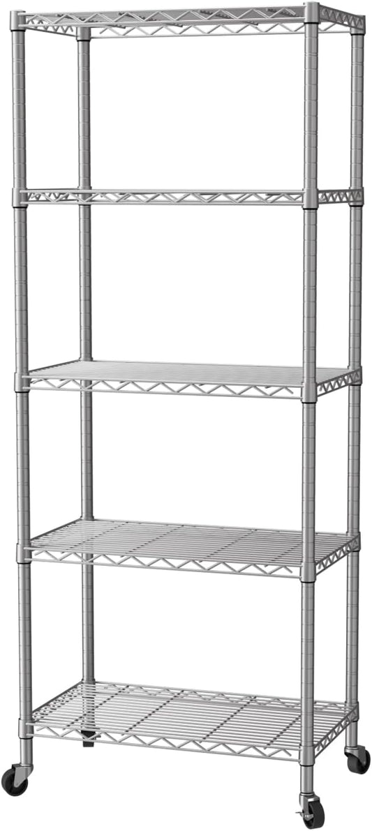SINGAYE 5 Shelf Storage Wire Shelves Closet Bathroom Organizers Metal Pantry Kitchen Garage Shelving Unit Laundry Room Organization Home Narrow Rack Net Basket with Wheels White