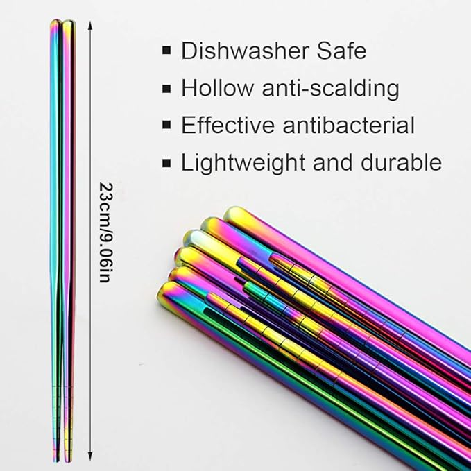 Stainless Steel Chopsticks Reusable Multicolor Lightweight 304 Metal Chopsticks Dishwasher Safe - 5 Pairs (Rainbow)