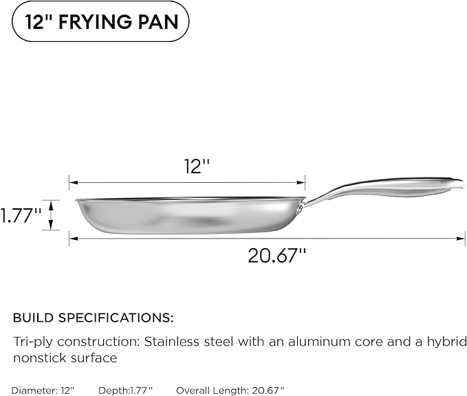 COOKER KING 12-Inch Stainless Steel Pan, Hybrid Nonstick Frying Pan, Skillet, 3-Ply Clad Cookware, Even Heat Distribution, Dishwasher & Oven Safe, with Stay-Cool Handle, Induction Compatible