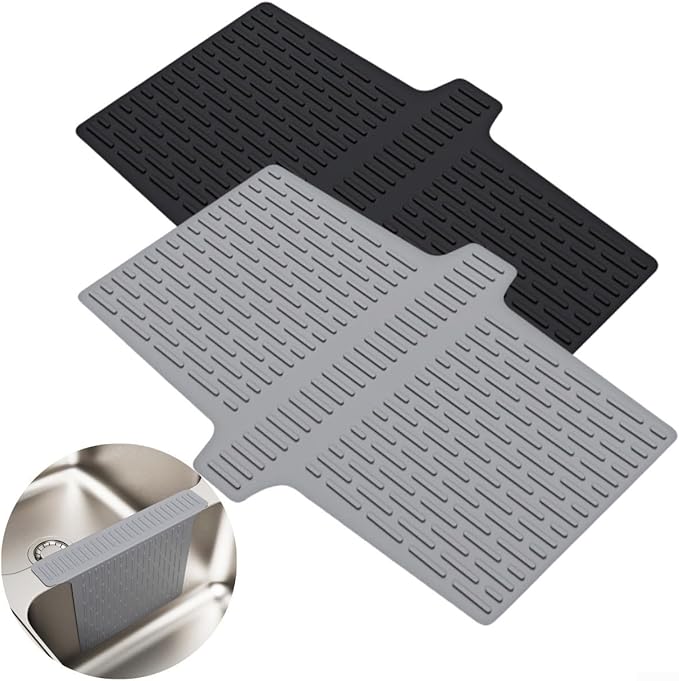 Silicone Kitchen Sink Divider Mat Heat Resistant Counter Protection Pad Double Basin Bridge Mat Dishwasher Safe Non-Slip Dish Drying Rack Between Sinks 17.6x12.8(Grey)