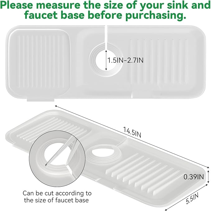 Toovem Kitchen Faucet Sink Splash Guard,14.5x5.5in Silicone Faucet Water Catcher Mat, Faucet Handle Drip Catcher Tray,Soap Sponge Holder for Kitchen, Bathroom, Farmhouse, Countertop Protect, Clear