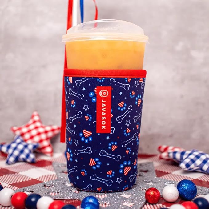 Sok It JavaSok Iced Coffee & Cold Soda Insulated Neoprene Cup Sleeve (Patriotic Paws, Small: 16-20oz)