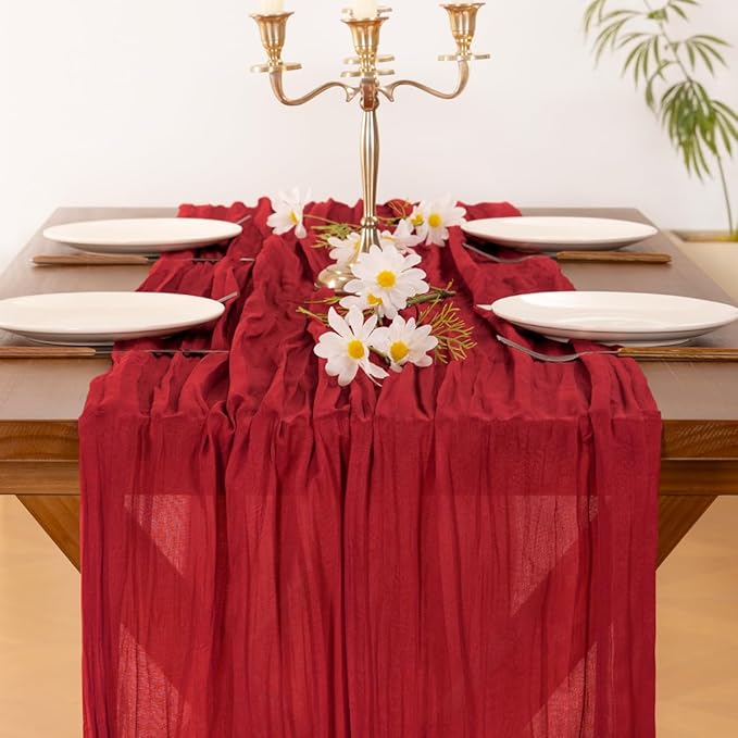Socomi 3pcs Red Summer Cheesecloth Table Runner Boho Rustic Gauze 120 inch 10FT Cheese Cloth Sheer Runner for Wedding Party Baby Shower Birthday Home Decor Holiday Decorations