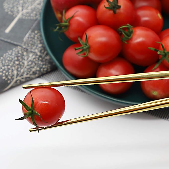 Stainless Steel Chopsticks Reusable Multicolor Lightweight 304 Metal Chopsticks Dishwasher Safe - 5 Pairs (Gold)