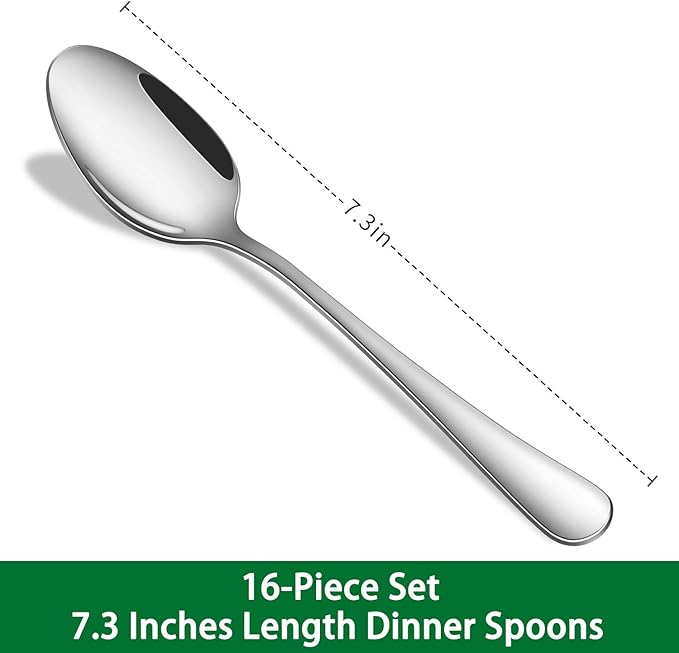 16-Piece 7.3 Inches Dinner Spoons,Stainless Steel Soup Spoons,Dishwasher Safe Tablespoon,Durable Silver Table Spoon Set For Restaurant,Hotel