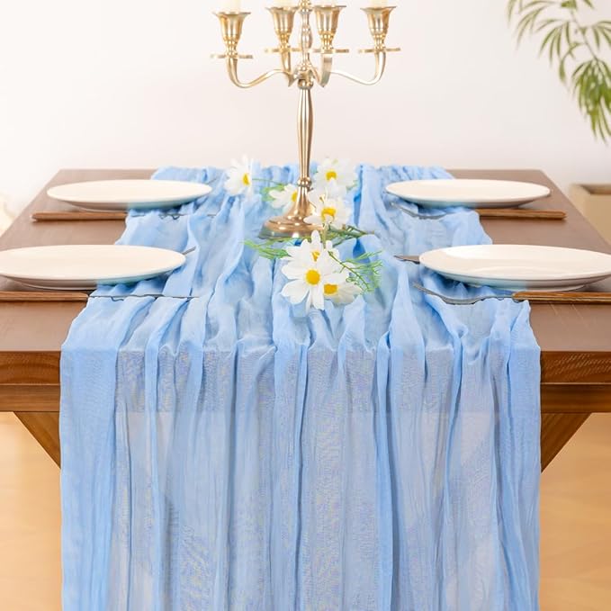 Socomi Blue Cheesecloth Table Runner Summer Light Blue Boho Rustic Gauze 120 inch 10FT Cheese Cloth Sheer Runner for Wedding Party Baby Shower Birthday Home Decor Holiday Decorations