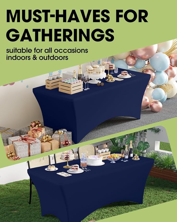 Pureegg Spandex Tablecloth 6ft - 2 Pack, Fitted and Tight Cloth for Rectangle Table, Wrinkle-Free and Stretch Table Cover for Party, Wedding, Banquet and Birthday, Navy Blue