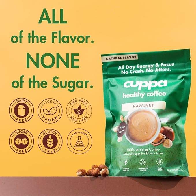 Cuppa Hazelnut Mushroom Coffee with Adaptogens & Superfoods - Lion’s Mane, Ashwagandha & Cordyceps. Adaptogens + MCT to support natural energy, mental focus & gut health (30 Servings)