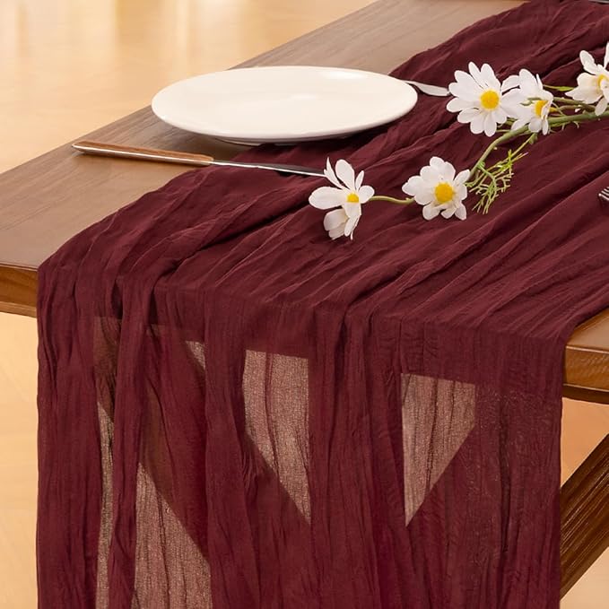 Socomi 6pcs Burgundy Red Summer Cheesecloth Table Runner Boho Rustic Gauze 120 inch 10FT Cheese Cloth Sheer Runner for Wedding Party Baby Shower Birthday Home Decor Holiday Decorations