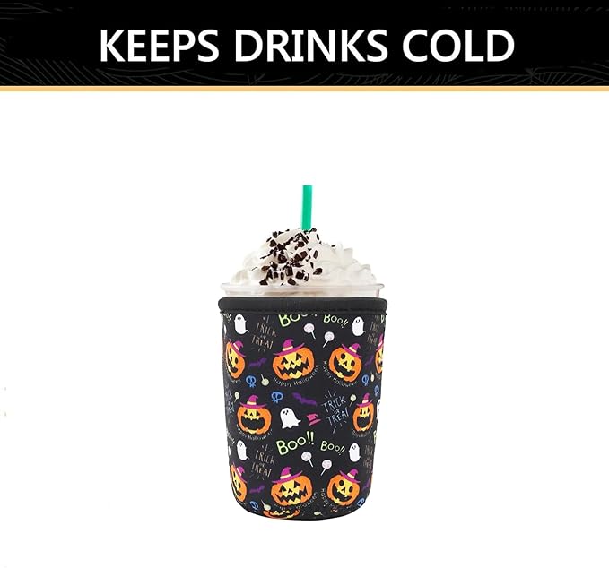 YR Reusable Neoprene Insulator Sleeve for Iced Coffee Cups, 3 Pack Coffee Coolies sleeves for Iced & Hot Drinks, Cold Beverage Cooler Compatible with Starbucks Coffee and More (Halloween Boo)