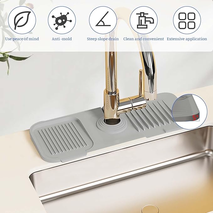 Faucet Mat for Kitchen Sink, Silicone Splash Guard Behind Faucet Soap Sponge Holder Dish Drying Mat, for Kitchen and Bathroom (Gray)