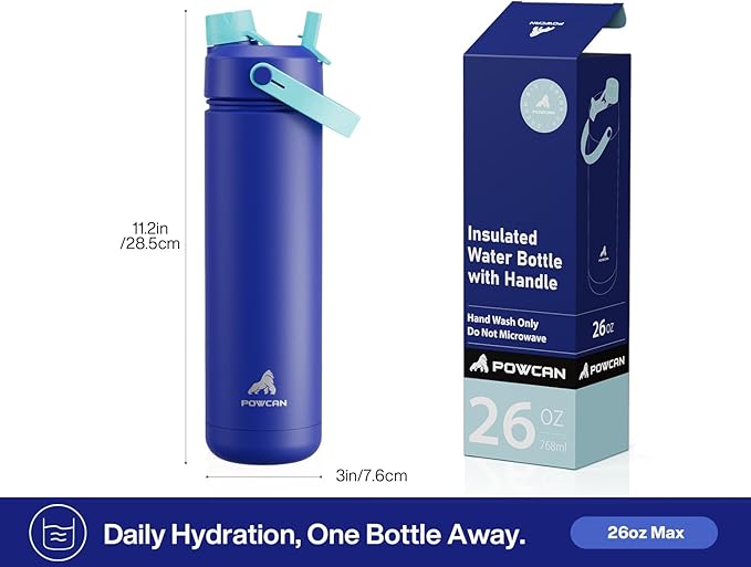 POWCAN 26 oz Insulated Water Bottle with 2-in-1 Straw and Spout Lid, Keep Cold 24H, Leak-Proof, Fits in Car Cup Holder, Stainless Steel Water Bottle for Gift, Art Studio & Daily (Sunward Glow)