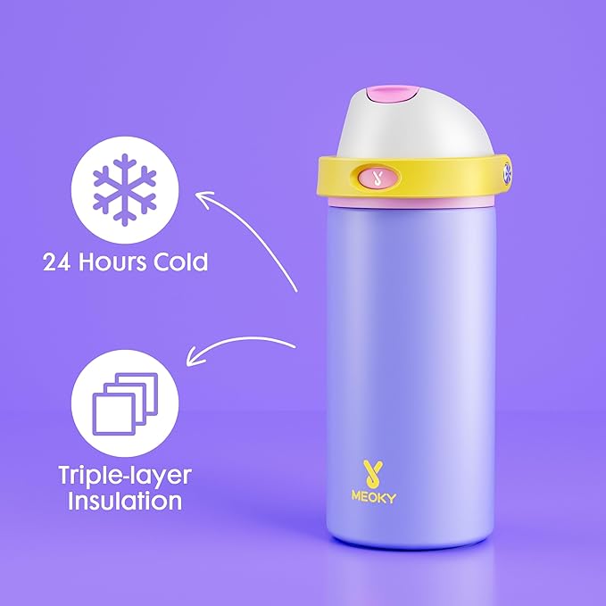 18 oz Insulated Water Bottle for Travel: Meoky Stainless Steel Kids Water Bottle with 2-in-1 Straw and Spout Lid - Leak Proof, Fits in Car Cup Holder, BPA-Free for Gym School, Starry Lilac