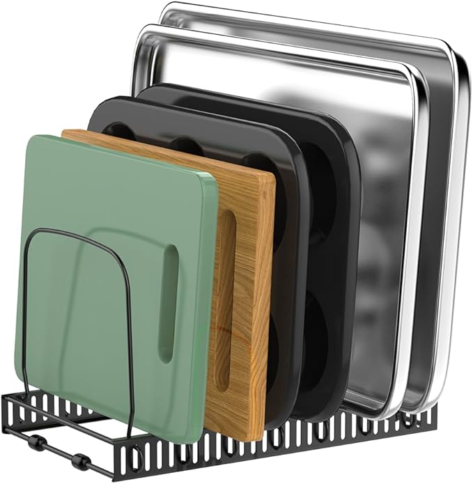 Housolution Cutting Board Organizer Rack, Baking Tray and Cookie Sheet Organizer with 7 Adjustable Dividers, Bakeware Muffin Tin Cupcake Pan Storage Organizer for Cabinet, Black