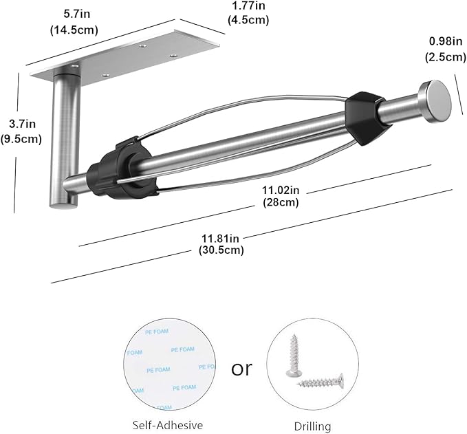 VAEHOLD Self Adhesive Paper Towel Holder Under Cabinet Mount, Wall Mounted Paper Towel Roll Holder with Damping Effect for Kitchen, Bathroom, Wall - SUS304 Stainless Steel (Brushed Silver)