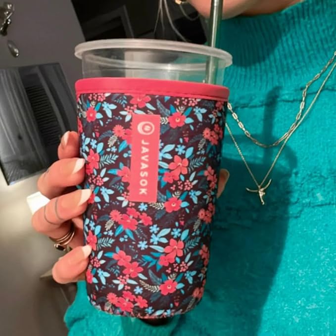 Sok It JavaSok Iced Coffee & Cold Soda Insulated Neoprene Cup Sleeve (Tropical Blooms, Large: 30-32oz)