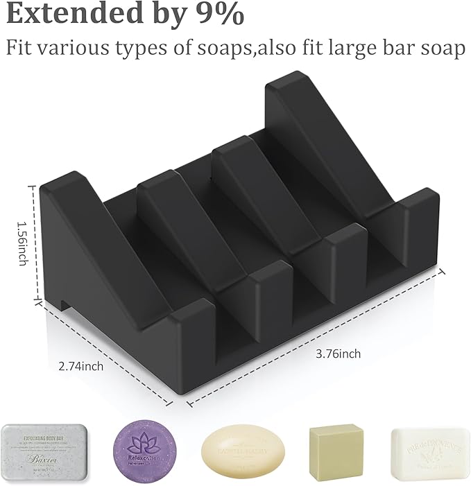 Silicone Soap Dish - 1 PCS Extended Self Draining Soap Holder for Shower, Bathroom and Bathtub with Drainage - Black