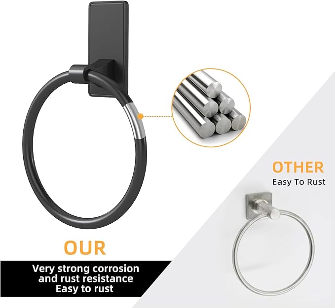 Towel Ring, SUS304 Hand Towel Holder for Bathroom，Adhesive Towel Holder Bathroom Towel Hanger for Bathroom, Matte Black