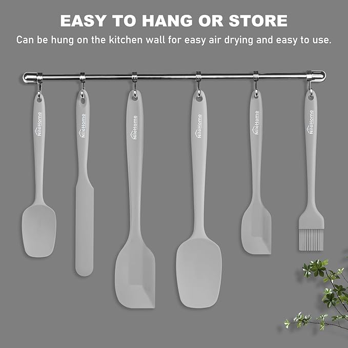 NileHome Silicone Spatula Set, 6 Pieces Food Grade Kitchen Utensils with Silicone Brush Heat Resistant Dishwasher Safe BPA-Free Rubber Spatula for Scraping, Baking, Cooking, Mixing-Grey