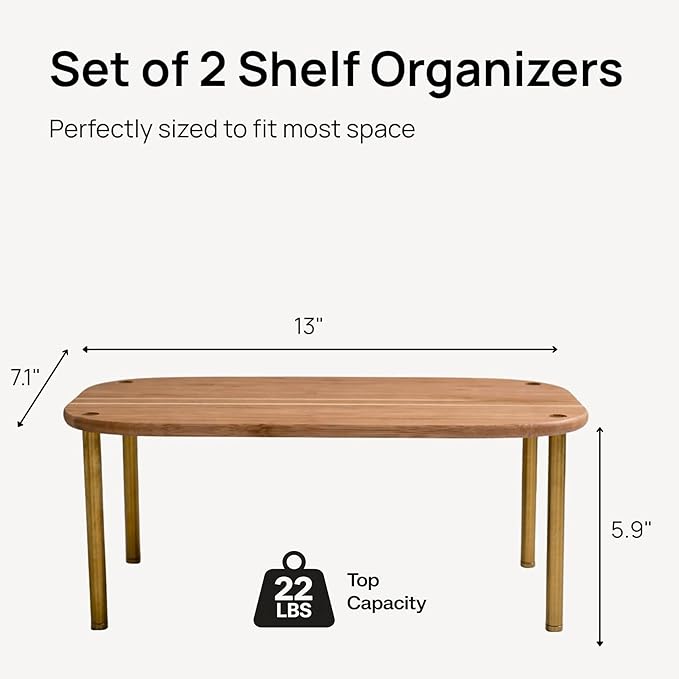 Ibyx Premium Kitchen Cabinet Organizer Shelf - Set of 2 Kitchen Counter Shelves - Stackable Shelf Racks for Cabinets - Bamboo Top with Metal Legs (Brown)