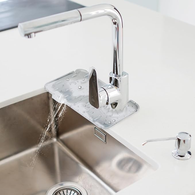 Sink Faucet Splash Guard Mat Silicone Soap Dish Pad Faucet Handle Drip Catch Sponge Holder Sink Protector Trays for Bathroom Kitchen Countertop Gadgets Accessories 8.3 x 5.7 Inch (Marble)