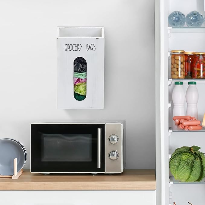 Farmhouse Grocery Bag Holder for Kitchen, Wooden Plastic Bags Holder for Supermarket shopping carrier Recycle, Wall Mounted Garbage Bag Dispenser with Extra-Wide & Easy-Access Openings, White