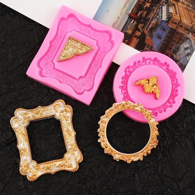 9 PCS Picture Frames Fondant Silicone Molds, TuNan Vintage Style Photo Frame Moulds for Cake Decorating Cupcake Topper Chocolate Candy Polymer Clay