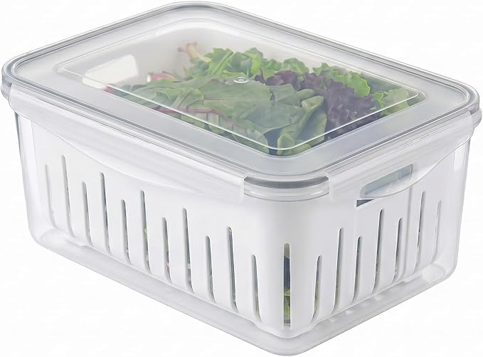 carrotez 16.9 Cup Produce Saver Container for Fridge with White Colander, Airtight Fruit & Vegetable Storage Bin, Removable Strainer Basket, BPA-Free, Stackable, 4.0L