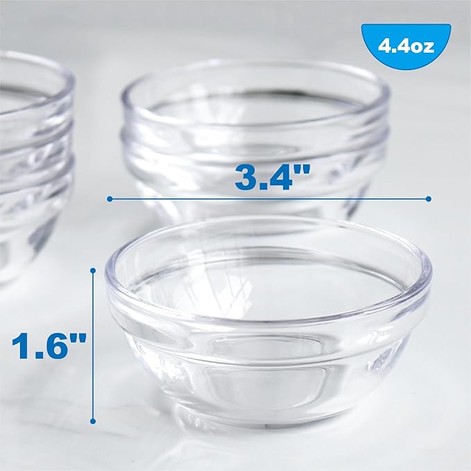 4.4 oz Clear Glass Bowl, Mini Prep Dish for Salt and Spices, Microwave and Dishwasher Safe, Stackable, Set of 6