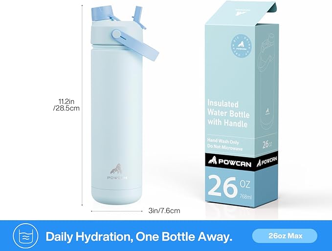 POWCAN 26 oz Insulated Water Bottle with 2-in-1 Straw and Spout Lid, Keep Cold 24H, Leak-Proof, Fits in Car Cup Holder, Stainless Steel Water Bottle for Sports, Travel, and School (Sea Breeze)