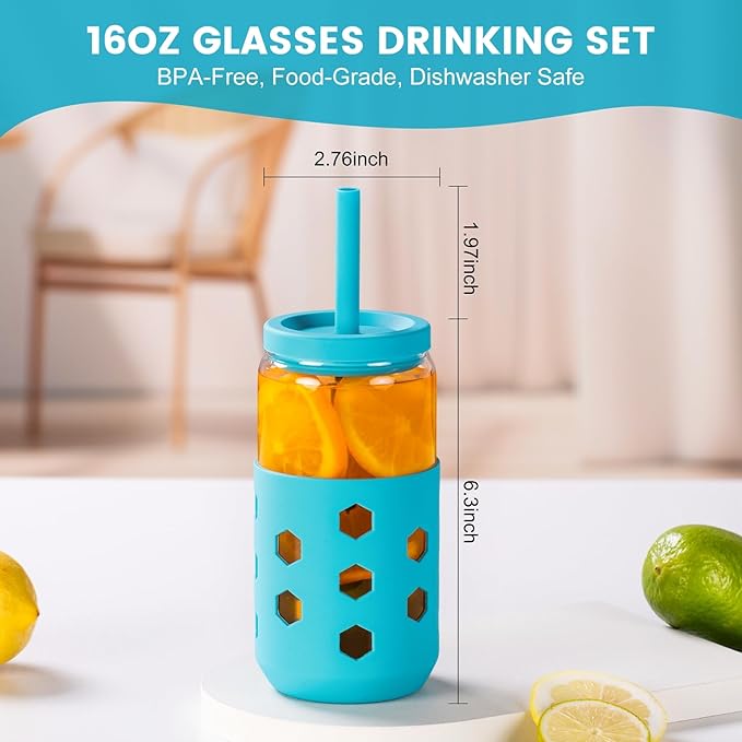 Mrsdry 16 oz Glass Cups With Lids and Straws, 4-Pack Iced Coffee Cup - Smoothie Cup With Silicone Lid and Sleeve for Coffee Bar Accessory, Cute Drinking Glasses Set Reusable Glass Tumbler for Gifts