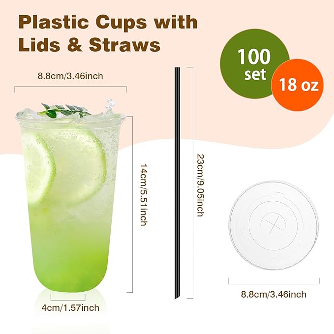 tchrules 100 Set 18oz Plastic Cups with Lids and Straws, Disposable Clear Iced Coffee Cup with Lid, Round Bottom Plastic To Go Cups for Cold Drinks Slushie Smoothie Lemonade Party Picnic Shop Supplies