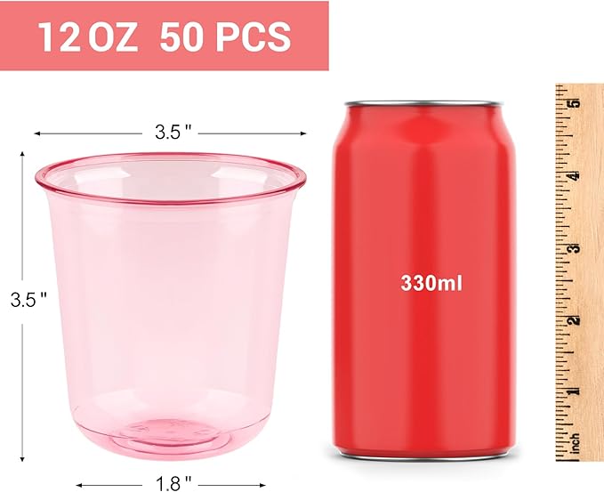 50 Pcs Pink Plastic Cups, 12oz Disposable Stemless Wine Glasses Pink Cocktail Party Cups for Graduation, Meeting, Wedding, Birthday Party