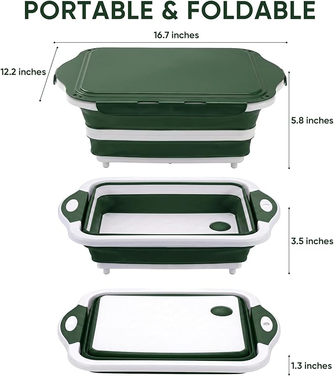 Collapsible BBQ Prep Tub with Lid, Foldable Camping Sink with Colander, Cutting Board, Dish Basin for Kitchen, Bowl, Vegetable and Fruit, Storage Basket for Picnic-Green