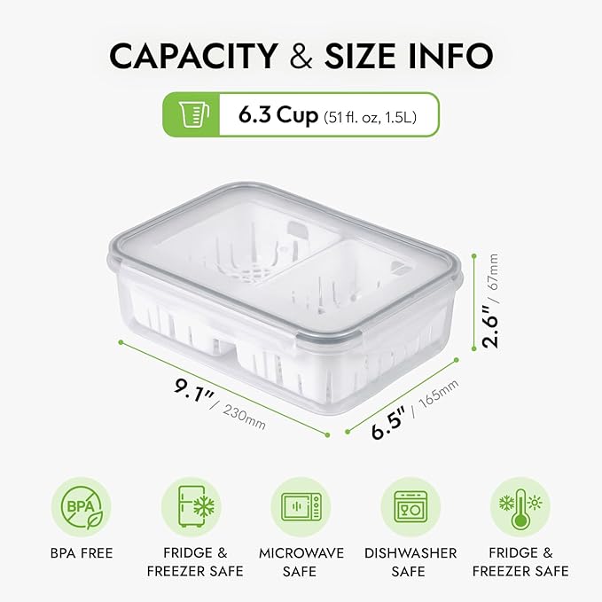 carrotez 6.3 Cup Produce Saver Container for Fridge with White Colander, Airtight Fruit & Vegetable Storage Bin, Removable Strainer Basket, BPA-Free, Stackable, 1.5L
