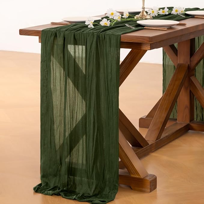 Socomi 2pcs Olive Green Summer Cheesecloth Table Runner Boho Rustic Gauze 120 inch 10FT Cheese Cloth Sheer Runner for Wedding Party Baby Shower Birthday Home Decor