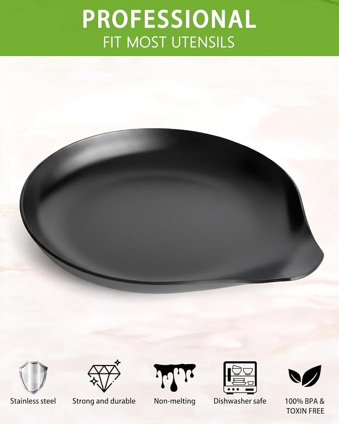 Stainless Steel Spoon Rest, Spatula Ladle Holder, Stainless Steel Utensil Spoon Rest Holder, Brushed Finish, Dishwasher Safe 5.9 x 5.1 Inch (Round Black 1PC)