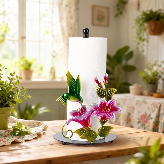 Flower & Hummingbird Decor Paper Towel Roll Holder Countertop - Farmhouse Kitchen Decor and Accessories, Hummingbird Housewarming Gifts for Women Mom Grandma, 3D Handmade Pattern, Weighted Base