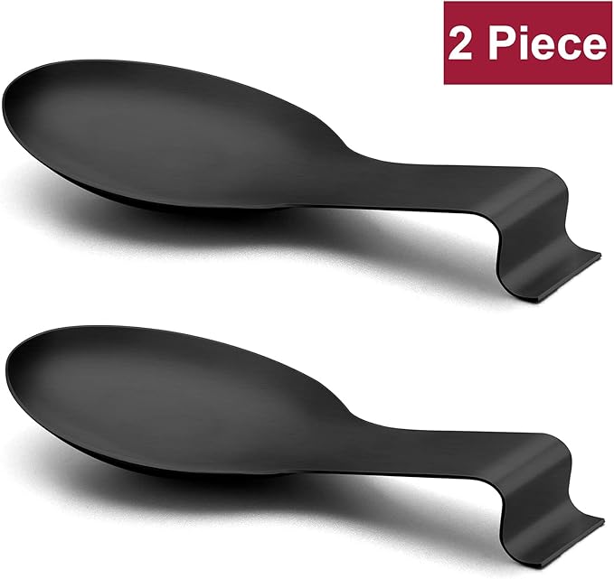 Spoon Rest Set of 2, E-far Matte Black Stainless Steel Spoon Ladle Holder Spatula Rest for Kitchen Stove Top, Large Size & Dishwasher Safe