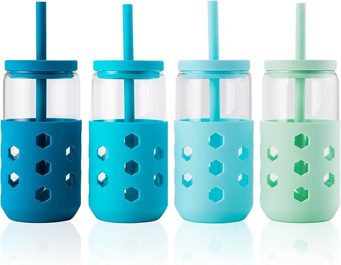 Mrsdry 16 oz Glass Cups With Lids and Straws, 4-Pack Iced Coffee Cup - Smoothie Cup With Silicone Lid and Sleeve for Coffee Bar Accessory, Cute Drinking Glasses Set Reusable Glass Tumbler for Gifts